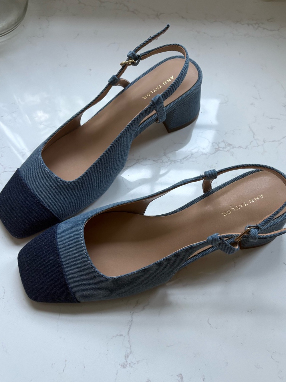 Ann Taylor Two-Tone Denim Slingback Flats in Light and Dark Blue